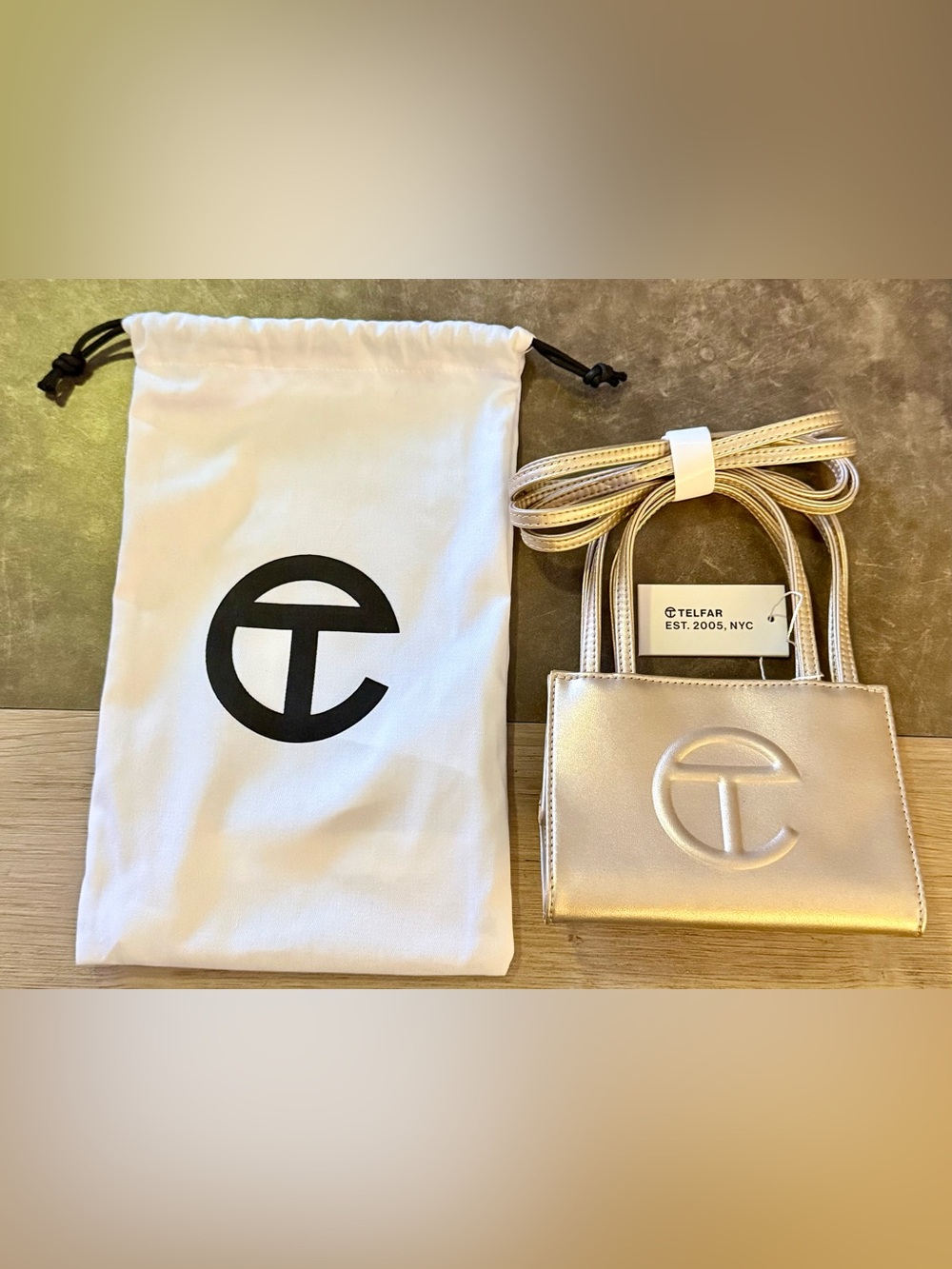 Telfar Small Metallic Gold Shopping Bag Satchel Crossbody Strap Snap w/ Dust